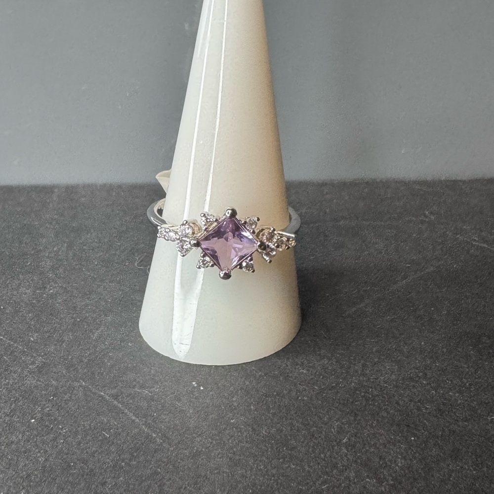 Rhodium Plating Ring with Lab Created Amethyst Gemstone